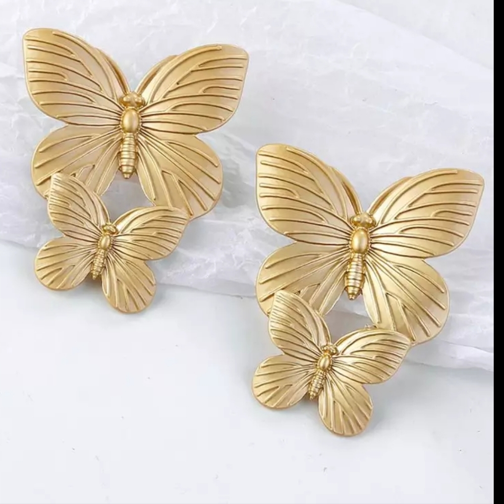 Matte Gold Color Butterfly Design Statement Earrings